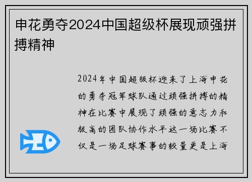 申花勇夺2024中国超级杯展现顽强拼搏精神 申花勇夺2024中国超级杯展现顽强拼搏精神